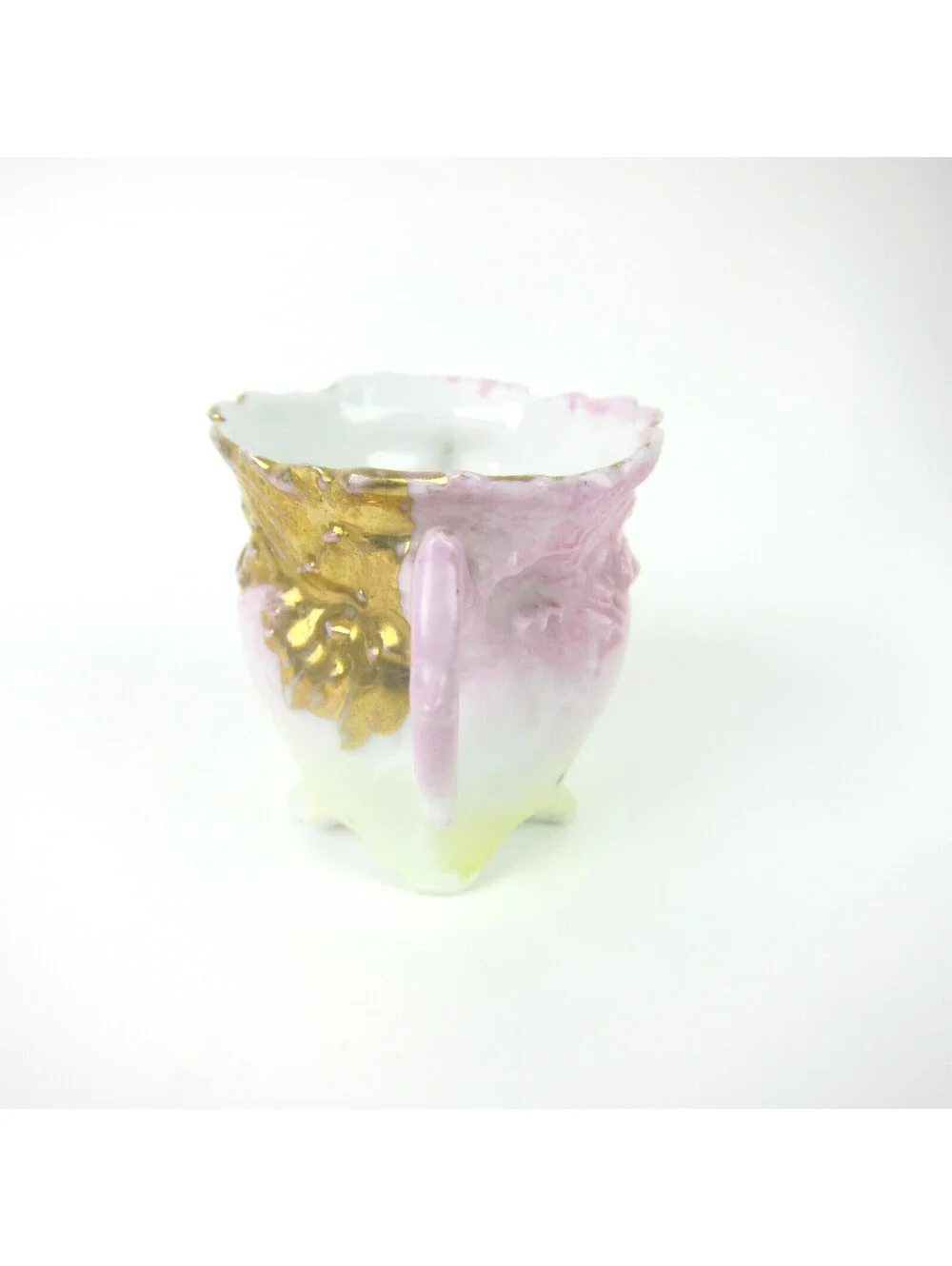 Antique Porcelain Footed Tea Cup & Saucer Set Pink Yellow Gold Floral Demitasse